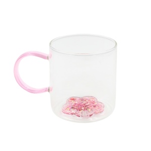 Cană cu model 3D floare roz, pereți dubli, sticlă borosilicată și inserție de sclipici, 300 ml, Aurora Glow