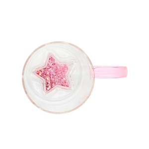 Cană cu model 3D steluță roz, pereți dubli, sticlă borosilicată și inserție de sclipici, 300 ml, Aurora Glow