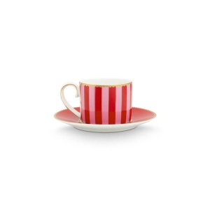 Cană espresso cu farfurioară, Pip Studio, 125ml, Stripes Red and Pink, colecția Love Birds
