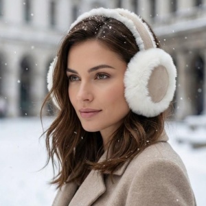 Căști pufoase pentru urechi, Antonio, cu aspect de piele întoarsă, culoarea ivory, one size