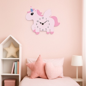 Ceas de perete pentru camera copilului, 25x30 cm, model cu unicorn roz