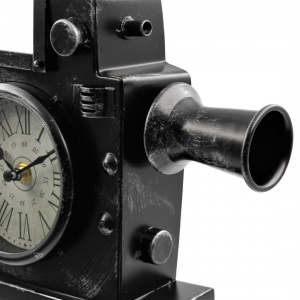 Ceas retro, model camera video cu trepied, metalic, culoare negru vintage