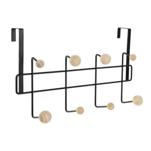Cuier cu suport pentru ușă din metal negru, cu butoni din lemn 40x22 cm