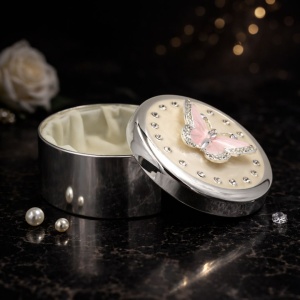 Cutie Bijuterii Rotundă 7 cm cu Fluture Roz și Strasuri AZAY – Casetă Bijuterii Elegantă, Cutie Inel, Cutie Cadou Femei cu Ambalaj Premium