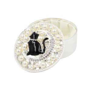 Cutie Bijuterii Rotundă 7 cm cu Pisică și Decorațiuni model perle, AZAY – Casetă Bijuterii Elegantă, Cutie Cadou Femei cu Strasuri, Ambalaj Premium