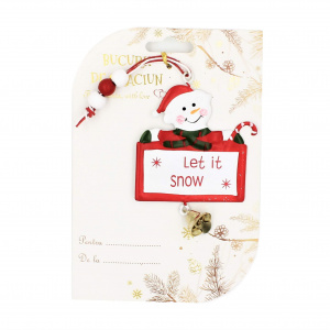 Decorațiune alb cu roșu, din metal, om de zăpadă, cu clopoțel - Let it snow - Img 2