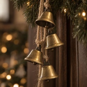 Decorațiune suspendată, de Crăciun, 4 clopoței metalici aurii vintage, șnur rustic pentru agățare, 40 cm, WOZ51