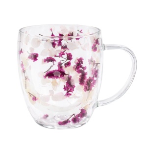 Double-walled borosilicate glass mug with pink dried flower insert (hydrangea and limonium), 350 ml, Aurora Bloom