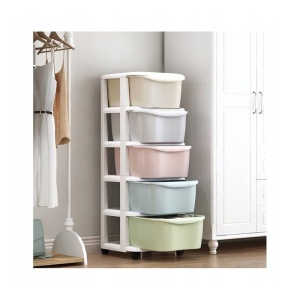 Dulap organizator din plastic, cu 5 sertare, pe roți, Ecarla, 97x38x37 cm, PO10