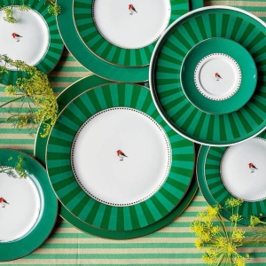 Farfurie din porțelan, Pip Studio, Stripes Green, 26.5cm, colecția Love Birds