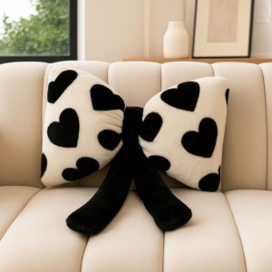 Fluffy decorative cushion, bow and heart pattern, 40x50 cm, soft cushion for sofa and bedroom, cream and black