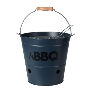 Găleată grătar BBQ portabilă Ø26 cm, metal zincat, culoare bleumarin mat, cu grătar și mâner, pentru camping și picnic
