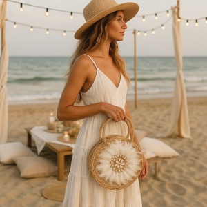 Geantă Boho din Fibre Naturale cu Scoici și Pene – Hoff Interieur, alb