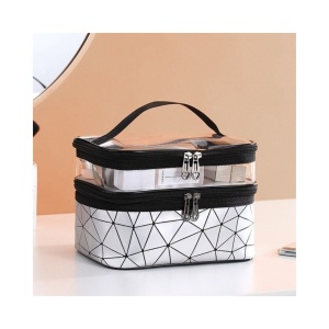 Geantă pentru cosmetice, pliabilă, 2 compartimente, model geometric, argintiu, 9x23x15,5 cm, eCarla, KS35WZ4