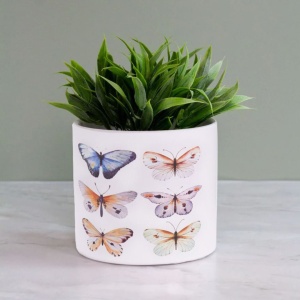 Ghiveci decorativ ceramic, alb cu ilustrații cu fluturi, pentru plante și flori, design modern 13.5x12.5 cm