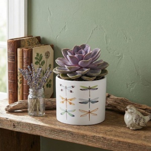 Ghiveci decorativ ceramic, alb cu ilustrații cu libelule, pentru plante și flori, design modern 13.5x12.5 cm