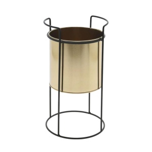 Ghiveci decorativ metalic, cu suport, pentru plante, culoare auriu/negru, 18x18x31 cm
