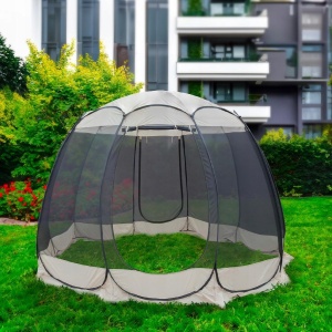 Pavilion de grădină tip cort anti-insecte, 3.6x3.6 m, cu pereți din plasă transparentă, înălțime 2.35 m, bej/gri