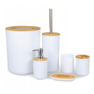 Jumi 6-piece bathroom accessory set, white with bamboo accents, modern design