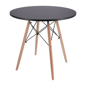 Masă rotundă Jumi, model scandinav, 80x80 cm, din MDF negru, cu picioare din lemn masiv