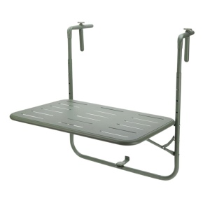 Masă suspendabilă pentru balcon Ambiance, metal vopsit verde, prindere pe balustradă, 60×43 cm, înălțime reglabilă