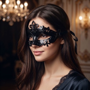 Mască neagră, tip venețiană, PartyDeco, 17×9 cm, model elegant pentru bal mascat, Halloween și petreceri tematice