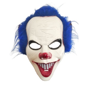 Mască pentru Halloween clovn înfricoșător cu păr albastru, pentru costum și petreceri tematice