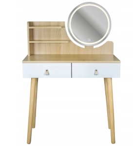 Măsuță de toaletă Scandi 4, oglindă rotundă LED 40 cm, 3 tipuri de lumină (rece, caldă, naturală), 125x80x40 cm, MDF + lemn de pin, culoare alb natur