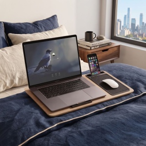 Măsuță portabilă pentru laptop, cu pernuță și mousepad, bej, 57.5x30.5x4 cm
