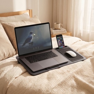 Măsuță portabilă pentru laptop, cu pernuță și mousepad, gri, 57.5x30.5x4 cm
