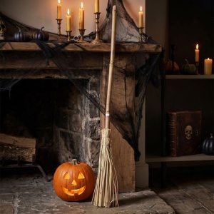 Mătură decorativă, de vrăjitoare, pentru Halloween, din paie, accesoriu costum și decor tematic, 90 cm