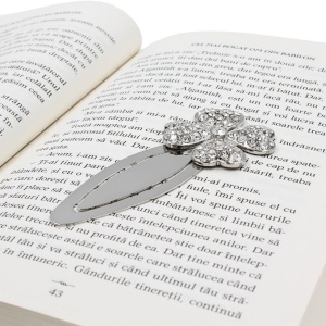 Semn de Carte Metalic Floare cu Cristale Strălucitoare, 9.5 x 4 cm, Argintiu, Cadou Elegant pentru Femei, AZAY