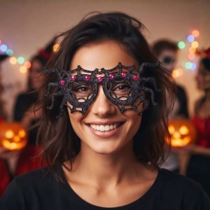 Ochelari Halloween, model pânză de păianjen, negru cu sclipici, pietricele decorative roz, accesoriu pentru costume și petreceri tematice
