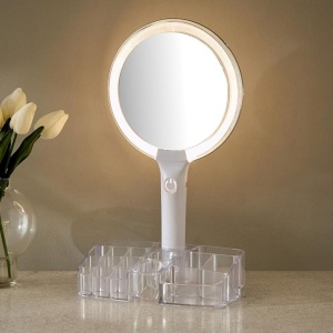 Oglindă de machiaj cu LED și organizator pentru accesorii, iluminare reglabilă, alimentare USB