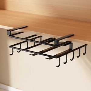 Organizator de bucătărie, suspendat, din metal, cu raft și cârlige pentru ustensile și căni, Ecarla, culoarea negru, 25×25 ×9,7 cm, OR116CZ