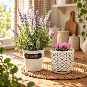 Pachet ghiveci ceramic cu model triunghiuri, 9×9 cm + plantă artificială lavandă în ghiveci alb, 28×9 cm