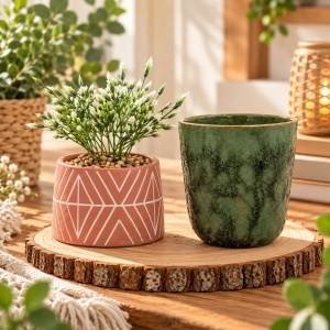 Pachet plantă artificială decorativă în ghiveci ceramic roz cu model alb, 16 cm + mască de ghiveci verde, 15×12 cm