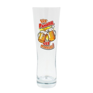 Pahar bere, 500 ml, mesaj funny “Sus paharul, sus moralul!"