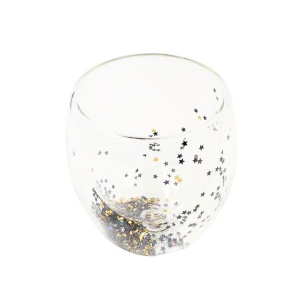 Pahar cu inserție de confetti steluțe gri și auriu, pereți dubli, sticlă borosilicată, 250 ml, Aurora Glow