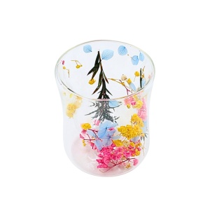 Pahar cu inserție de flori uscate, floarea miresei galben, roz și verde, pereți dubli, sticlă borosilicată, 200 ml, Aurora Bloom