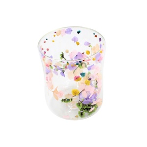 Pahar cu inserție de flori uscate, hortensii și limonium culori pastel, pereți dubli, sticlă borosilicată, 200 ml, Aurora Bloom