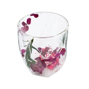 Pahar cu inserție de flori uscate mov, roz și verde, hortensie, pereți dubli, sticlă borosilicată, 250 ml, Aurora Bloom