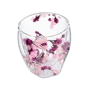 Pahar cu inserție de flori uscate roz, hortensie și limonium, pereți dubli, sticlă borosilicată, 250 ml, Aurora Bloom