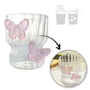 Pahar din sticlă borosilicată, cu pereți ondulați și fluturași roz, 260 ml, eCarla, SZK161