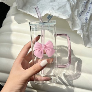 Pahar dreptunghiular, din sticlă borosilicată, cu capac etnaș, pai reutilizabil și fundiță roz, 320 ml, eCarla, SZK87