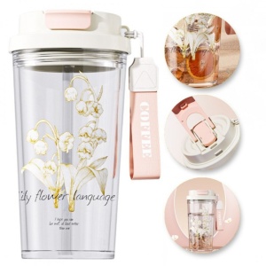 Pahar reutilizabil cu capac, pai și baretă de transport, imprimeu floral, 550 ml, PC + PP, eCarla, BD29