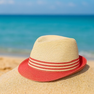 Pălărie de plajă bărbați nature cu rozPălărie de plajă bărbați Aristo, crem cu roșu, stil fedora, design modern, ușoară și respirabilă, protecție solară, diametru 28 cm