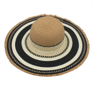 Pălărie de plajă damă Tiara maro cu negru și bej, din hârtie de paie, bor foarte larg 44 cm, elegantă și ușoară