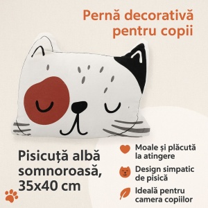 Pernă decorativă pentru copii – Pisicuță albă somnoroasă, 35x40 cm