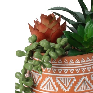 Plantă artificială mix de Suculente 15 cm, în ghiveci ceramic teracotă cu model etnic